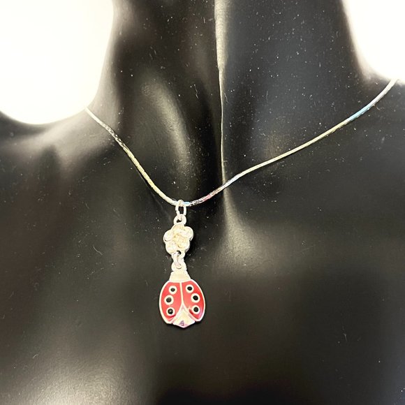 Silver Red Ladybug Pendant Necklace Crystal Plated 18" Chain Insect Enamel - Picture 3 of 12
